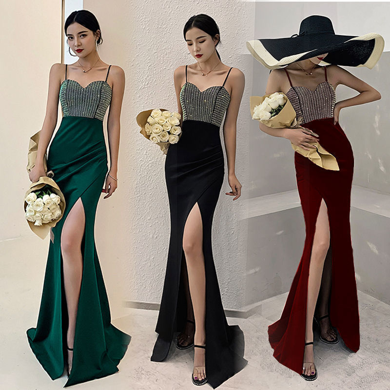 Black High-end Evening Dress for Women's Air Queen 2021 New Arrival One-Shoulder Banquet Elegant Suspender Fishtail Dress for Summer