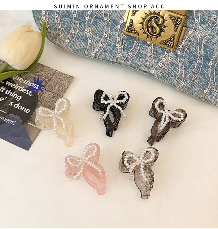 Women's Gender Coffee, Grey, Beige, Pink, Black Color Pearl Bow Beaded Hair Clip For Women Princess Side Hair Clip For Hair Decoration And Styling