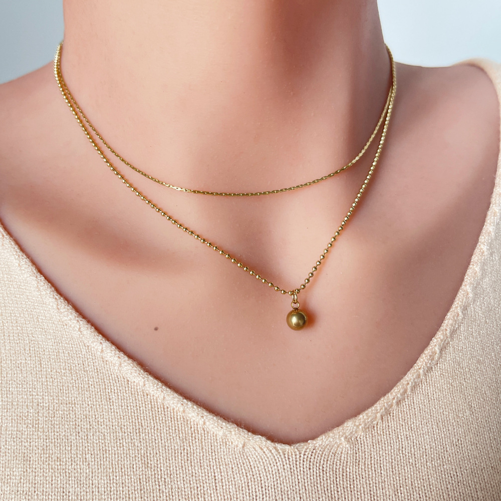 simple new stainless steel double layered ball fine necklace