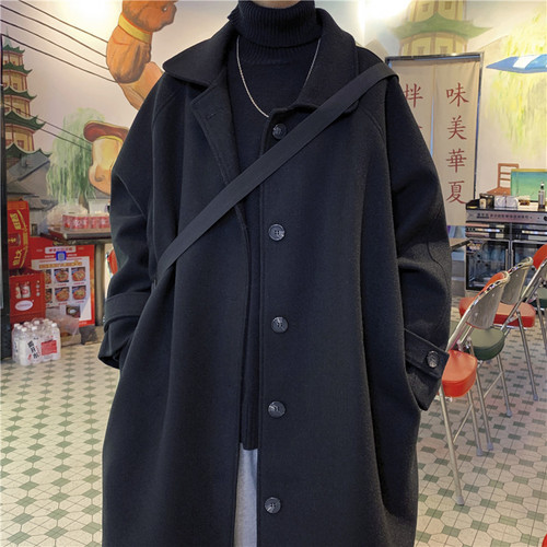 Korean-style medium-long wool overcoat for men, autumn and winter, thick German-style notched lapel trench coat, oversized wool coat