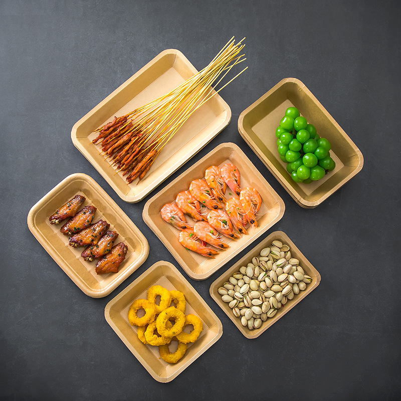 Disposable dining plates, commercial kraft paper trays for barbecues, paper plates and paper bowls&mdash;ideal for fresh produce in supermarkets, kraft paper plates and bowls.