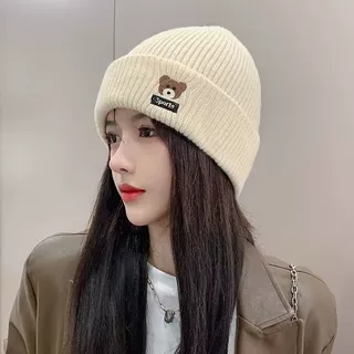 小熊帽子女秋冬季可爱护耳百搭针织毛线帽保暖帽显脸小产后月子帽