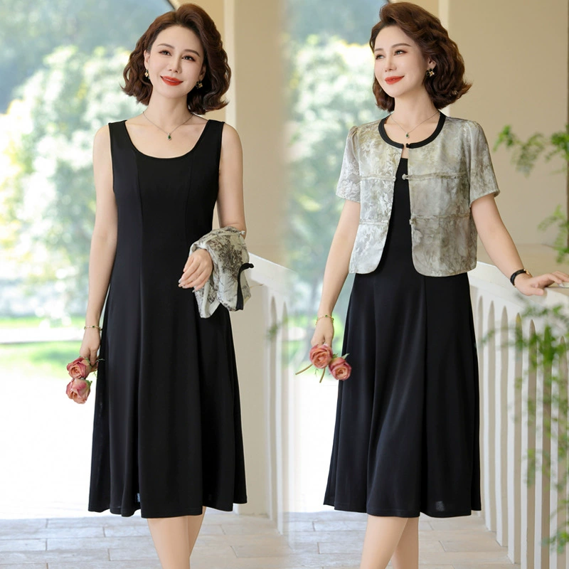 Оптовая продажа нового летнего платья из двух частей для мам среднего возраста, новой куртки в национальном стиле в китайском стиле, юбочного костюма для женщин среднего и пожилого возраста.