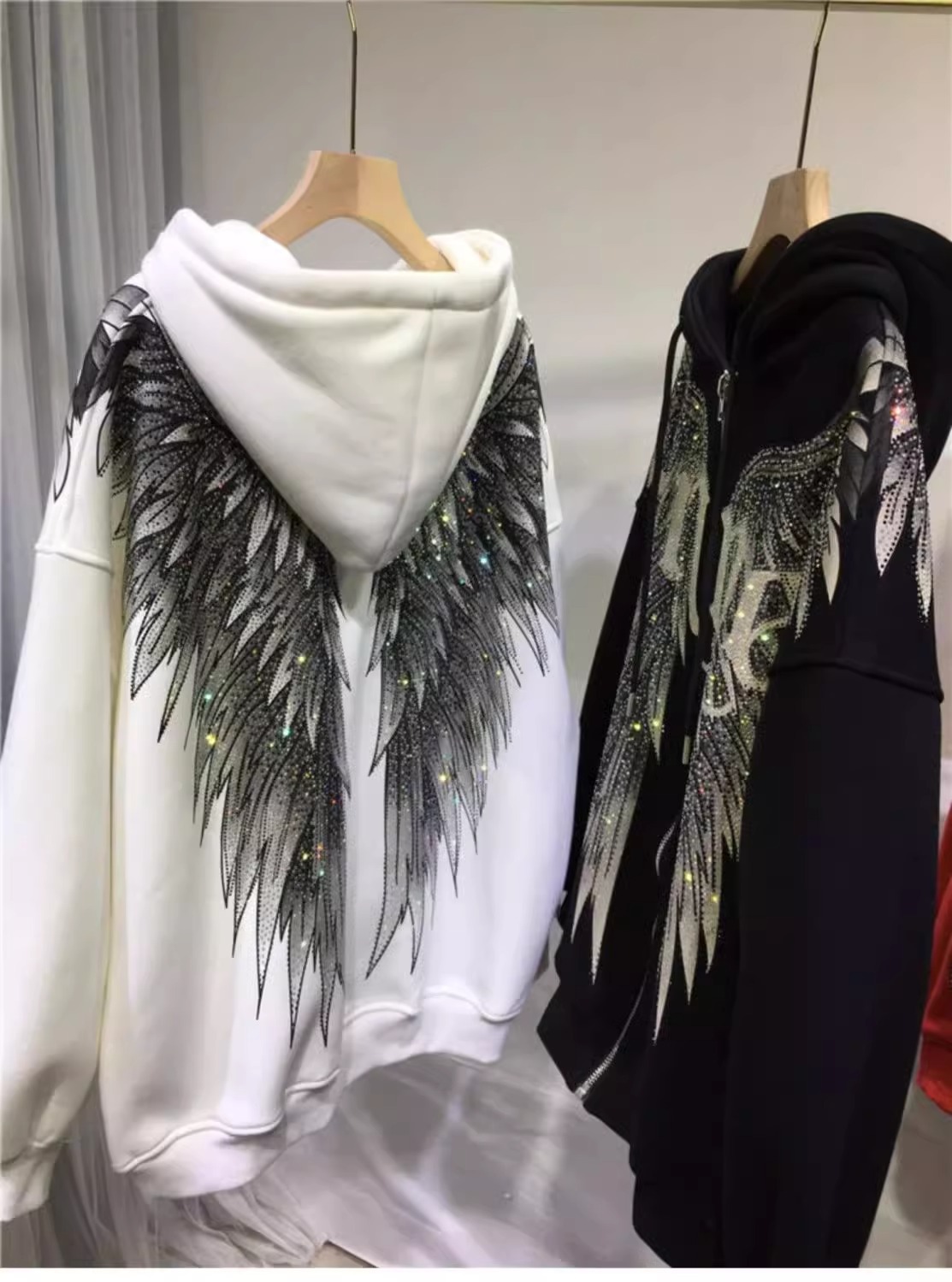 Women's Clothing Extra large size heavy industry diamond light luxury front and rear wings hooded long sleeved velvet jacket sweatshirt_voghion.com