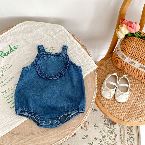INS  summer infant and toddler girl baby denim love carrier bag fart jumpsuit jumpsuit