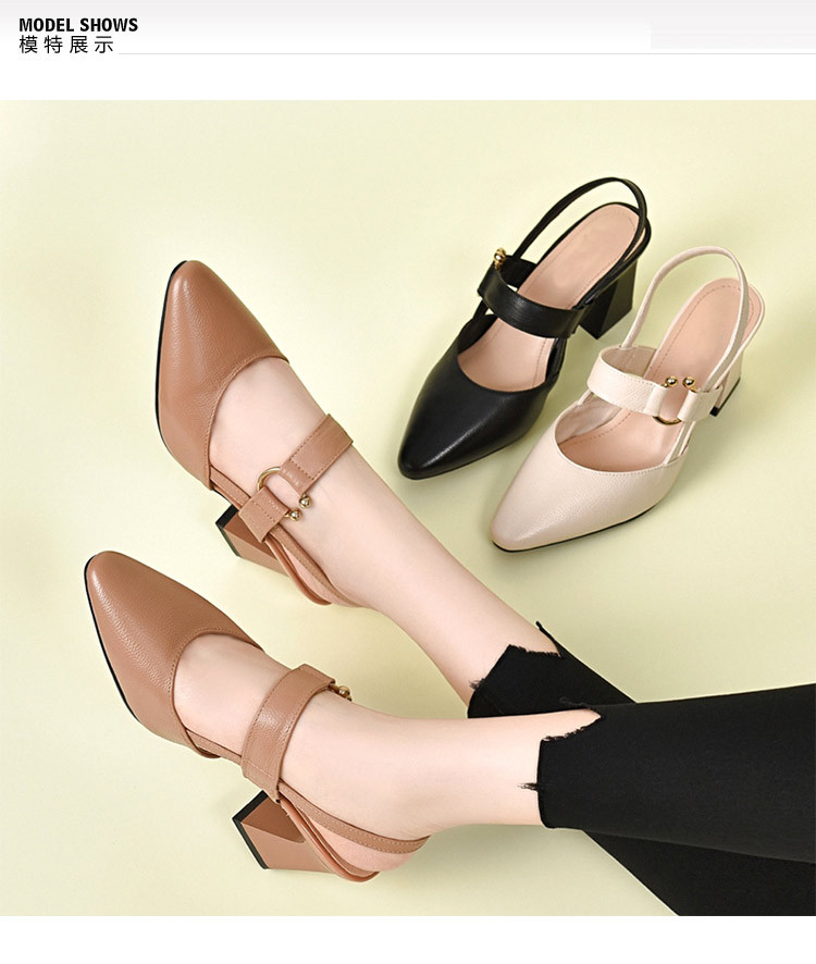 Sandal nữ da thật mũi nhọn gót vuông 5 cm, hở gót, phong cách mùa hè — Đen 5cm chi tiết 4