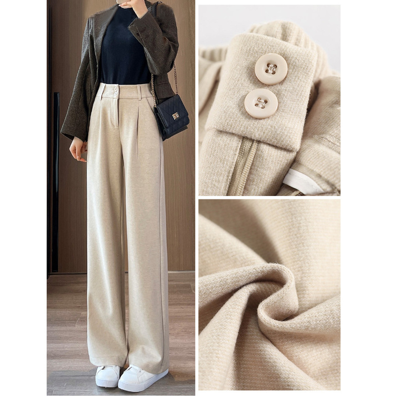 High waist woolen wide leg pants women's autumn and winter solid color thickened sagging slim tall and long casual straight pants wholesale High waist woolen wide leg pants women's autumn and winter solid color thickened sagging slim tall and long casual straight pants wholesale