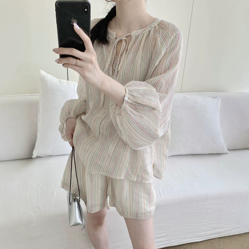 26 New Summer Women's Clothing Two-Piece Rainbow Striped Suit Loose Lace-Up Long-Sleeved Top + A-Line Shorts for Women 26 New Summer Women's Clothing Two-Piece Rainbow Striped Suit Loose Lace-Up Long-Sleeved Top + A-Line Shorts for Women