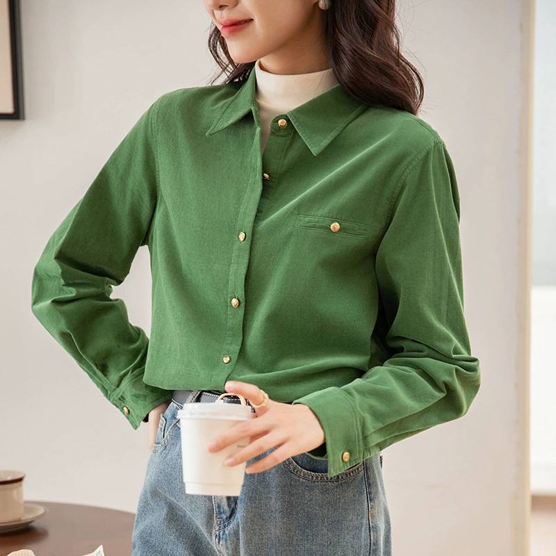 Реальный выстрел осень и зима новая вельветовая рубашка ретро лацкана свободная рубашка с женской рубашкой