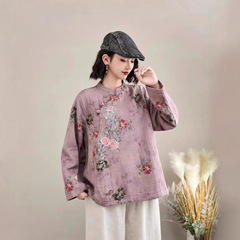 古咖服饰2025秋季新款印花上衣女新中式立领斜襟盘扣国风套头衬衣
