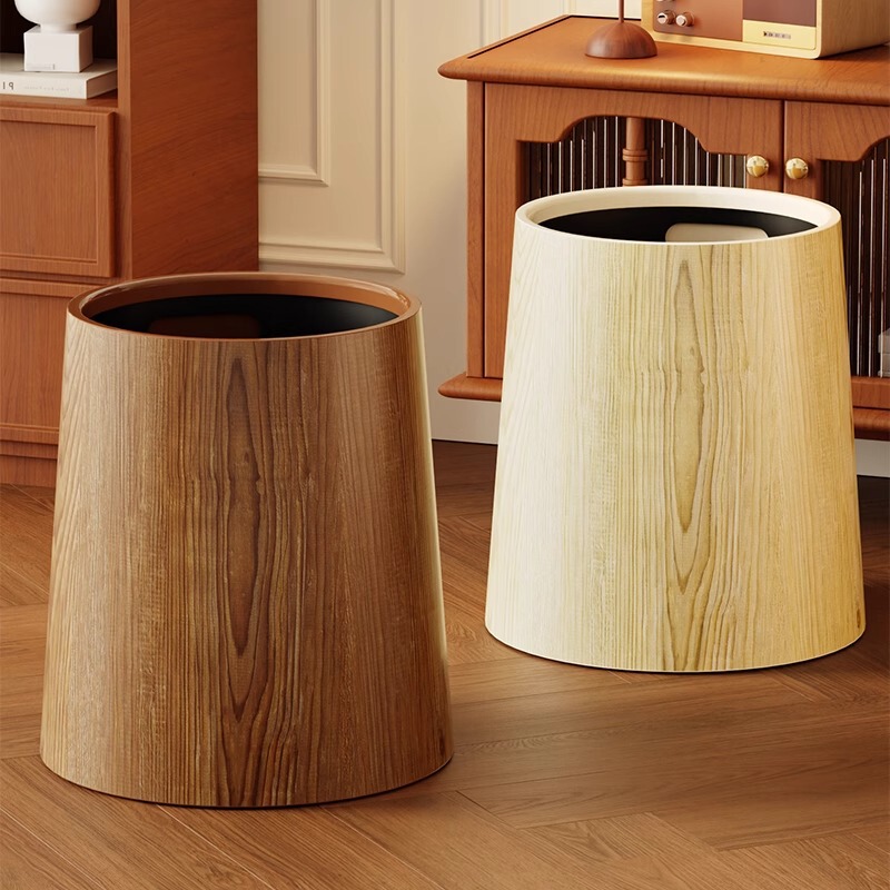Retro Imitation Wood Grain Trash Can Household New Large Capacity Living Room Kitchen Toilet Office Commercial Chinese Paper Basket