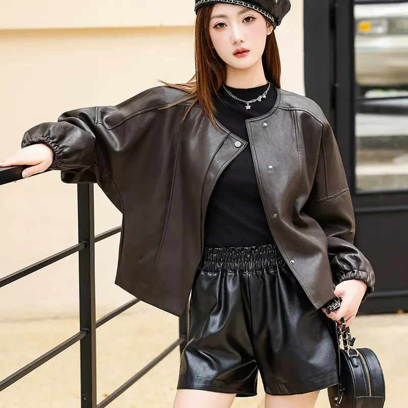 韩版短款皮衣外套女2025年秋季新款圆领百搭宽松免洗植鞣皮夹克