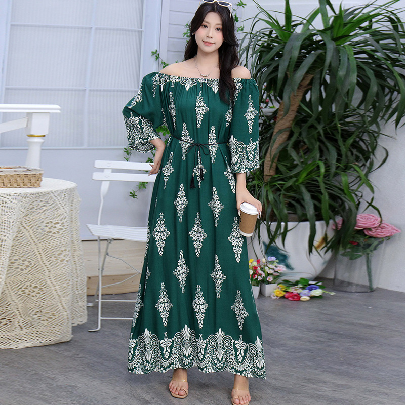 100kg Plus-Size Girl's Dress, Rayon Beach Dress, Loose Maternity Dress, Off-Shoulder Three-Quarter Sleeve Long Dress