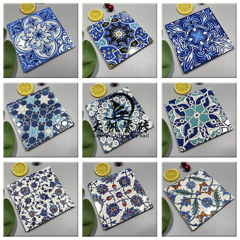 复古彩色小花砖150×150穆斯林楼梯瓷砖亮面餐厅洗手台吧台墙面砖