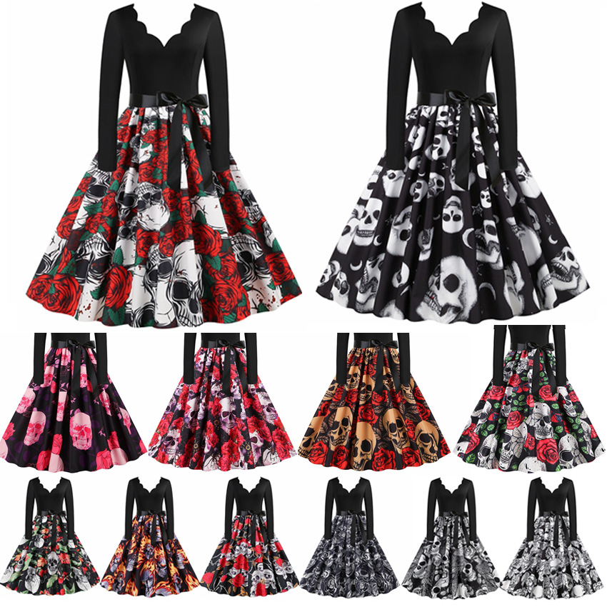 L【Halloween Women's Clothing】Cross-Border Foreign Trade Manufacturer Supply Source: Wavy V-Neck Long-Sleeve Dress with Color-Blocking and Printed Large Flared Skirt