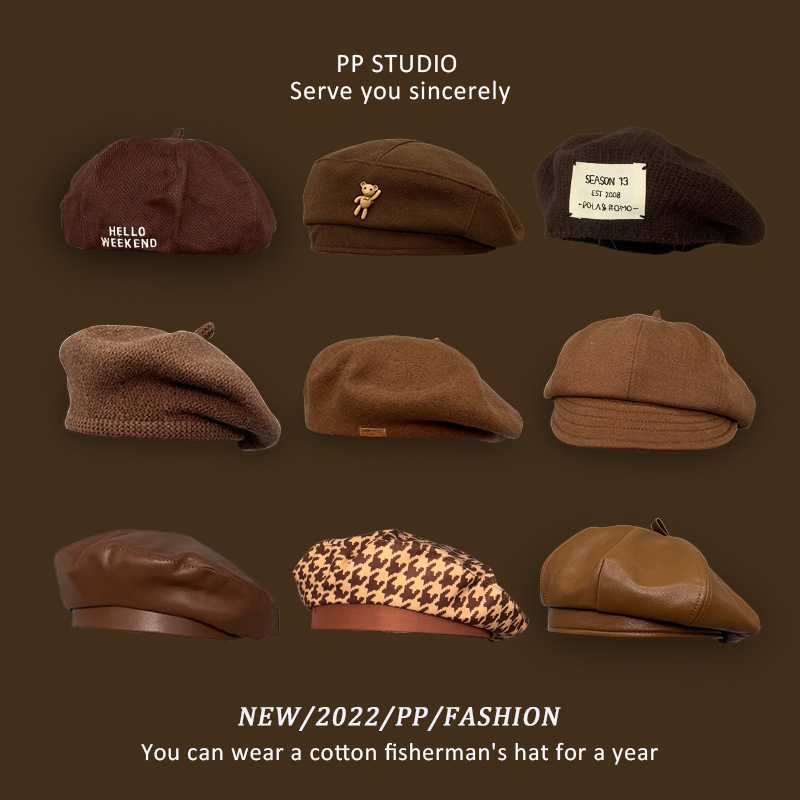 Breathable Brown Women's British Retro Spring and Autumn Octagonal Pu Leather Beret Brown Knitted Painter's Hat for Winter