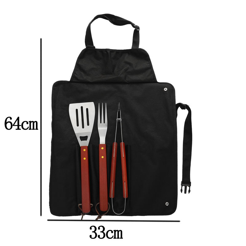 Herramientas de barbacoa de acero inoxidable traje mango de madera tenedor pala clip barbacoa conjunto de tres piezas al aire libre falda bolsa barbacoa combinación