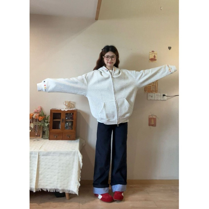 韩版刺绣开衫连帽卫衣女2025秋季新款设计感小众chic百搭休闲外套|undefined