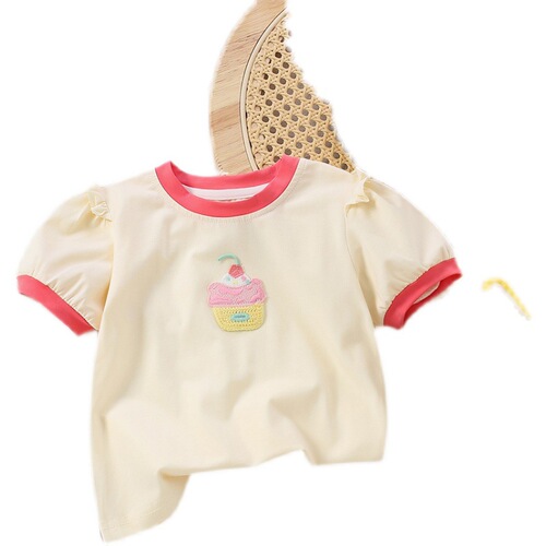 Korean-style children's clothing for girls, pink T-shirt summer wear, stylish cartoon crew neck top, children's versatile pure cotton short-sleeved top