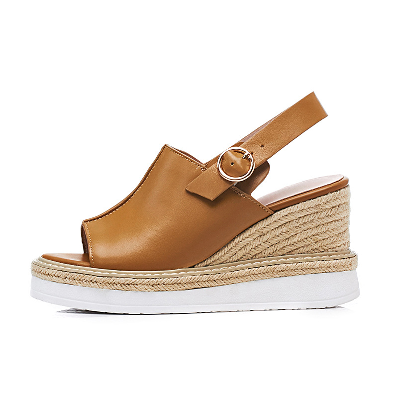 Sandal cao gót nữ hở mũi đế xuồng đan rơm phong cách châu Âu — Nâu vàng chi tiết 5
