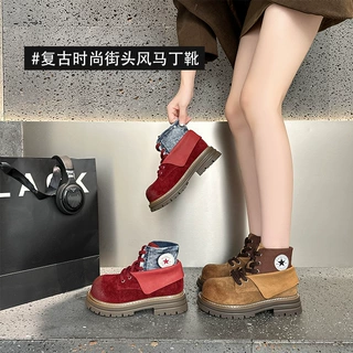 短靴女款2026新款英伦风反绒牛皮马丁靴秋季复古短筒酷飒厚底靴子