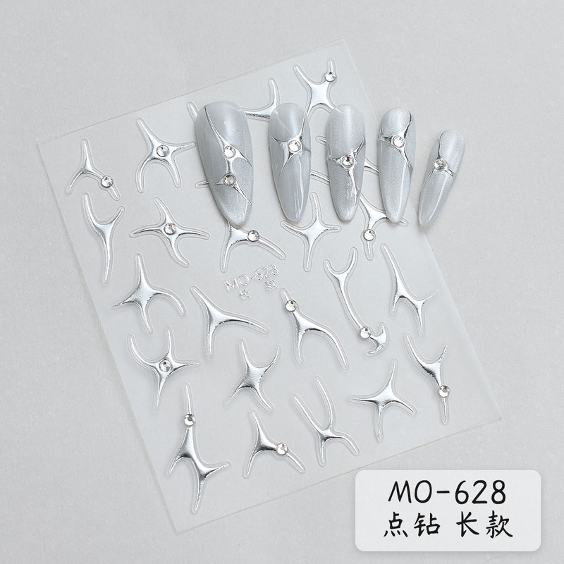 金属银色线条美甲贴纸浮雕立体镶钻跨境爆款甜酷风diy穿戴指甲贴|undefined