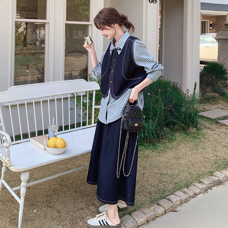 实拍通勤条纹衬衫牛仔马甲套装新款秋季韩系流行半身裙淡人一整套|undefined