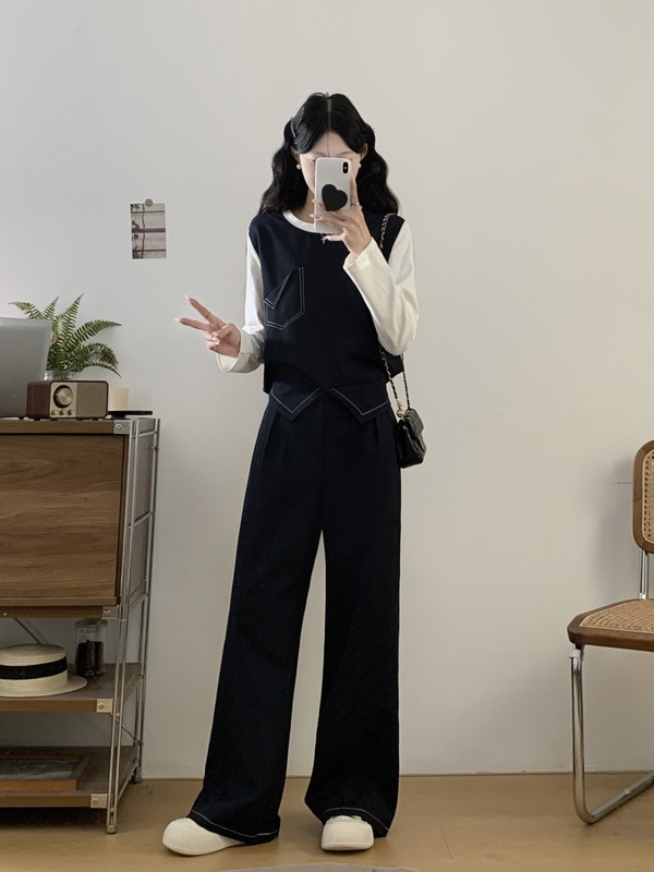 大码女装胖MM假两件气质长袖上衣显瘦长裤套装|undefined