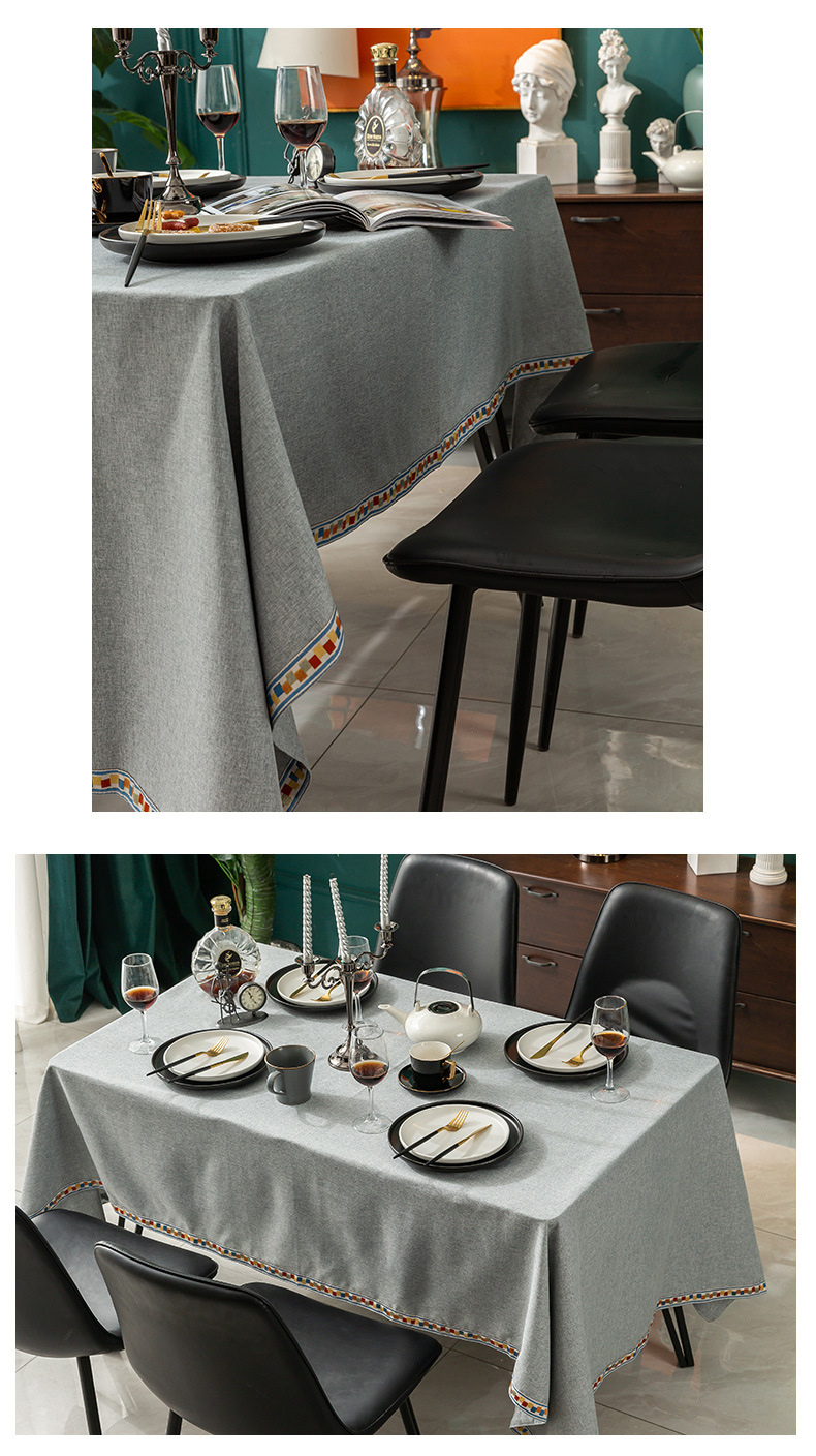 Einfache Einfarbige Baumwoll- Und Leinenimitation Vierseitige Stickerei Wasserdichte Rechteckige Tischdecke display picture 3