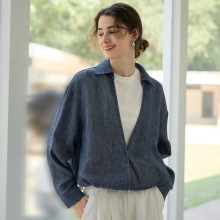 老钱风假两件亚麻色织女装上衣2025秋冬深V翻领衬衫+白色背心拼接