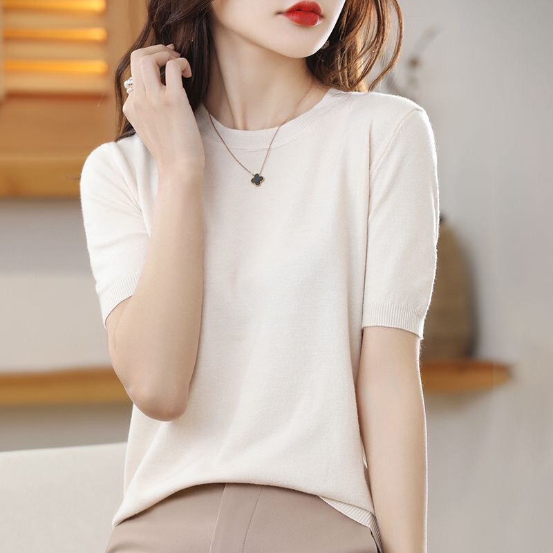 2024 Spring and Summer New Knitted T-Shirt Women's Round Neck Short Pullover Half-Sleeved Sweater Loose Large Size Short-Sleeved Bottoming Shirt