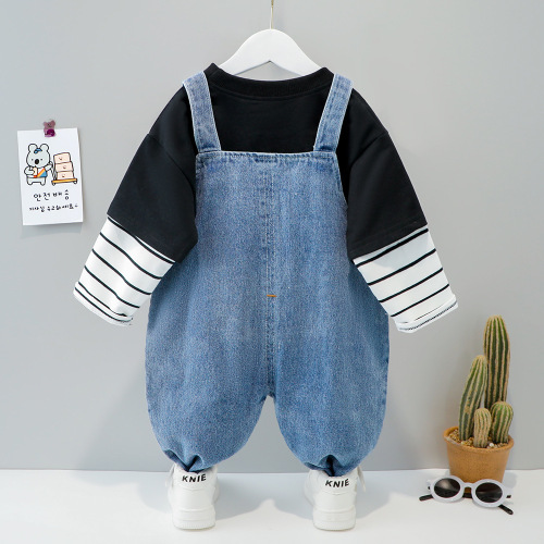 Children's boys and girls denim overalls long-sleeved suit baby casual cartoon Korean version cotton two-piece set manufacturer wholesale