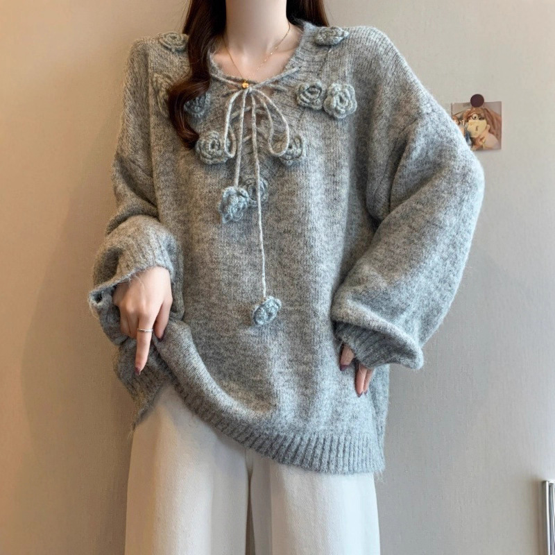 法式立体花朵抽绳V领软糯毛衣女秋冬季新款软糯慵懒宽松针织上衣|undefined