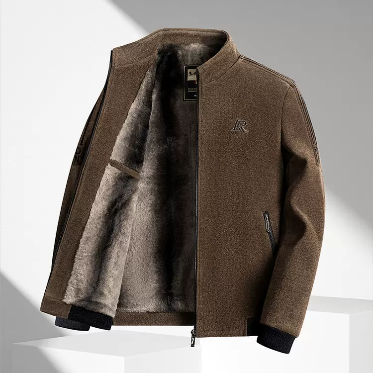 冬季男士雪尼加绒夹克立领外套中老年爸爸装茄克衫加绒加厚保暖