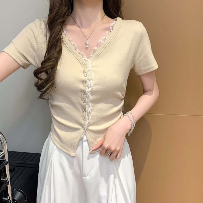 设计感拼接蕾丝V领短袖正肩收腰T恤女春夏季新款修身开衫上衣批发