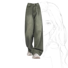 大きいサイズのアメリカのレトロな緑色のまっすぐな筒のジーパンの女性の秋冬の高い腰のゆったりしている感じが現れます。