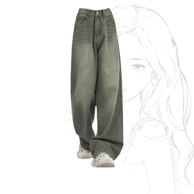 plus size American Style Retro Green Straight Jeans Women's Autumn and Winter High Waist Loose Dosing Slimming Wide Leg Pants