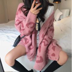 韩版豹纹慵懒风宽松毛衣女外套秋冬跨境新款休闲撞色针织上衣开衫
