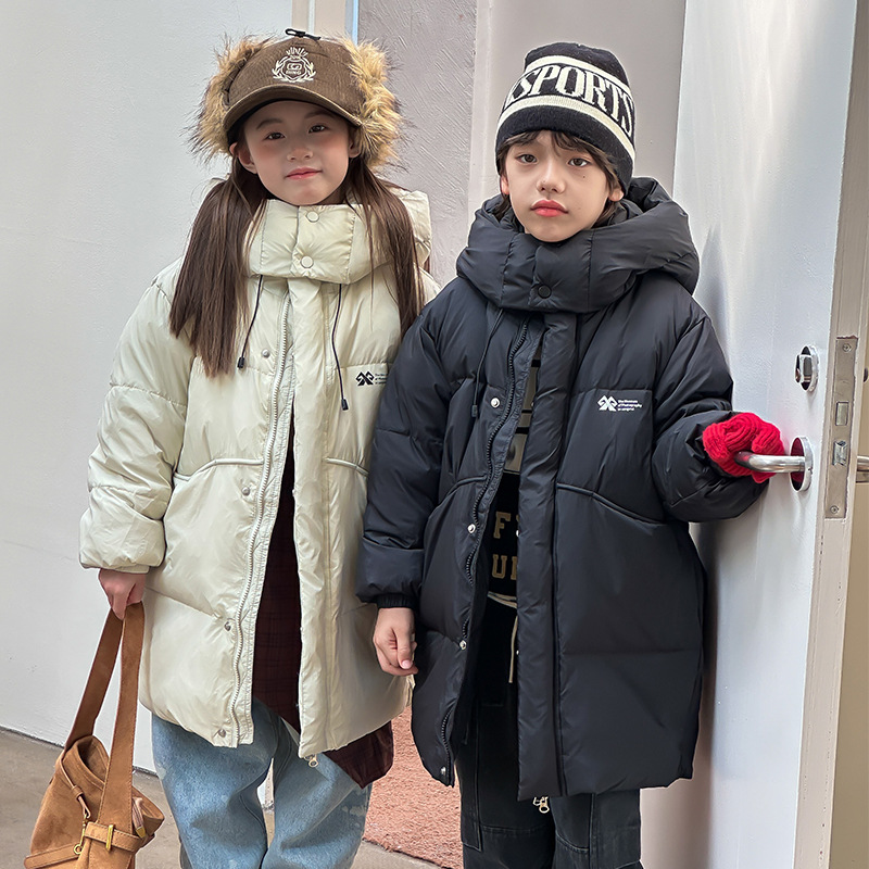 Children's Mid-Length down Jacket, Stylish Thickened Medium and Large Kidsren's Jacket 2025 New Style, Pure Color Kidsren's Clothing for Boys and Girls in Winter
