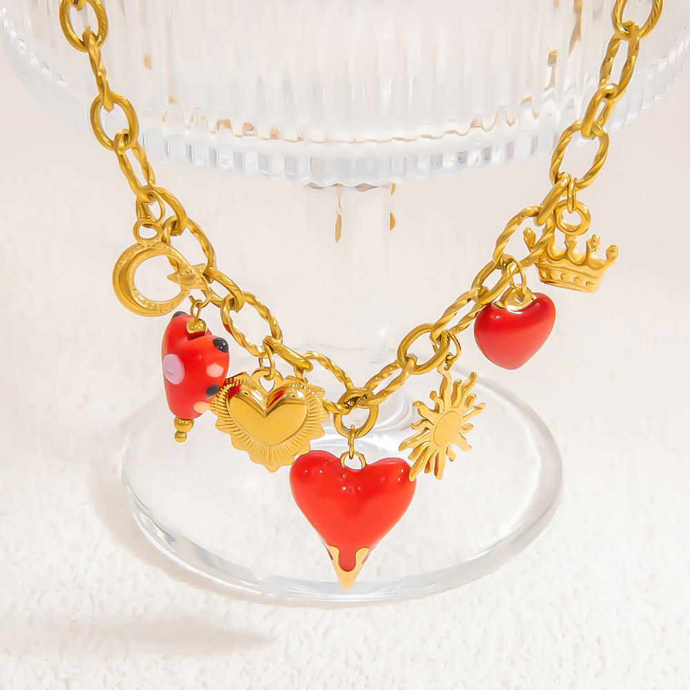 Women's Gender Enamel, Plating Design Wholesale Jewelry IG Style Sun Heart Shape Crown 304 Stainless Steel 18K Gold Plated Enamel Plating Pendant Necklace