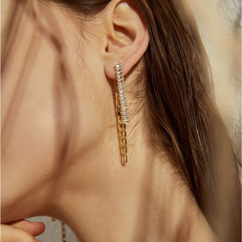 925 silver needle fashion metal chain zircon tassel earrings European and American simple temperamen