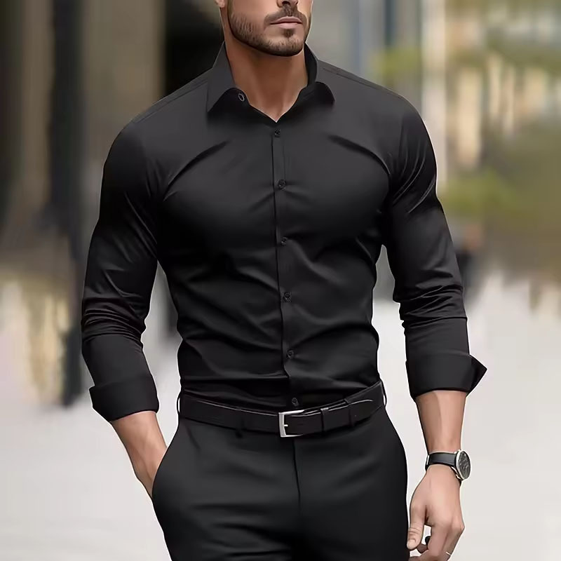 Aliexpress Popular Four-Way Stretch Shirt Men's Long-Sleeved Polyester Semi Sheer Dress Shirt