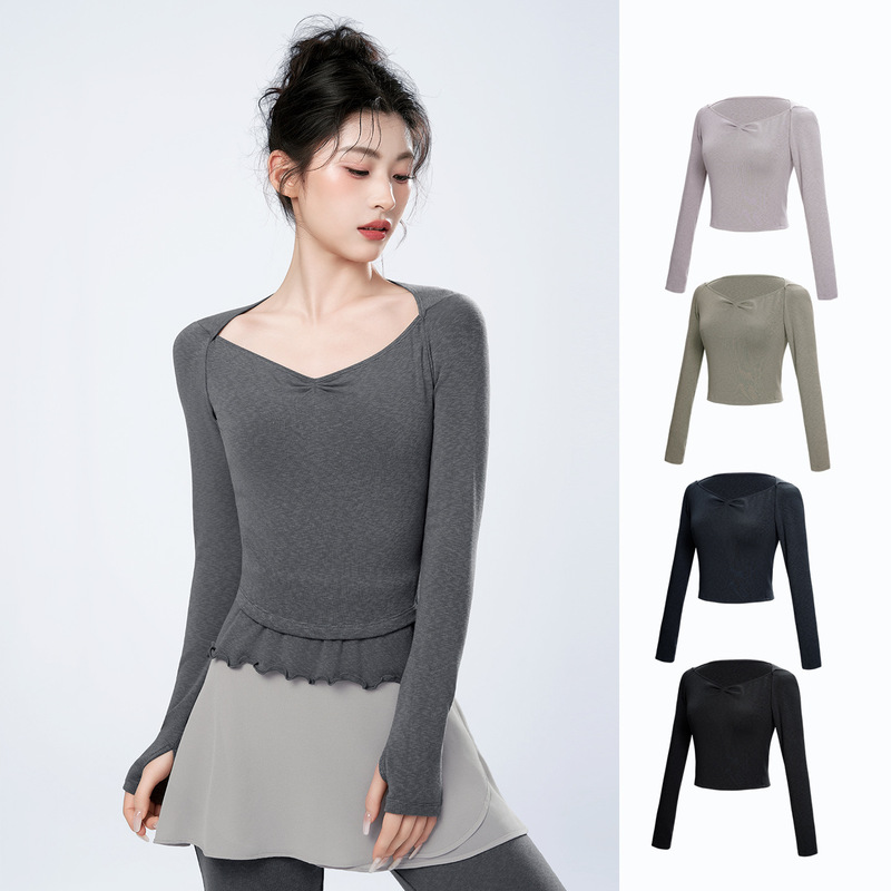 Dancewear top, adult ballet practice outfit, long-sleeved autumn inner layer, modern dance one-shoulder V-neck sweater cover-up
