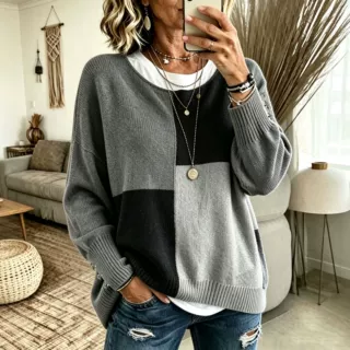 欧美女装亚马逊独立站2026新款圆领时尚休闲拼色毛衣针织外搭宽松