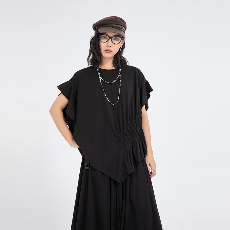 Yamamoto dark style niche design ruffled irregular T-shirt for women, new summer fashion with dropped shoulder sleeves and round neck top Yamamoto dark style niche design ruffled irregular T-shirt for women, new summer fashion with dropped shoulder sleeves and round neck top