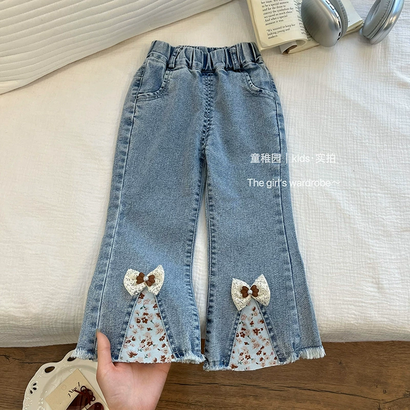 Джинсы для девочек весна и осень новые иностранные банты рога брюки детские повседневные дикие трусы