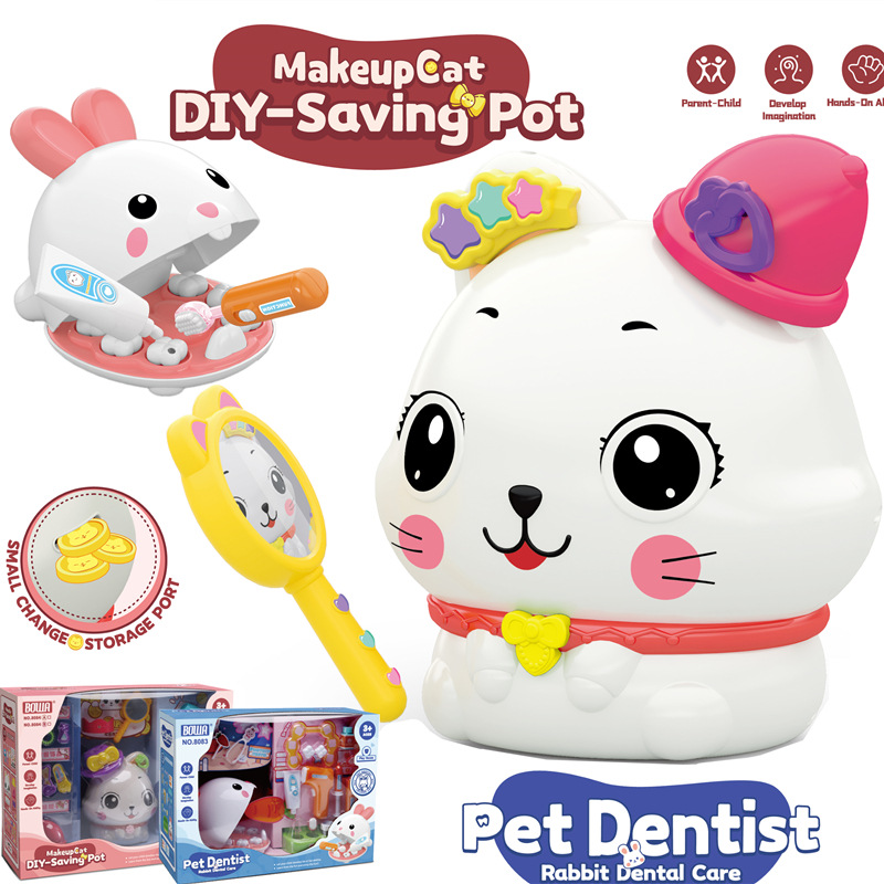 Comercio exterior de los niños simulación mascota conejo dentista cuidado diente traje DIY maquillaje gato alcancía jugar casa Juguetes