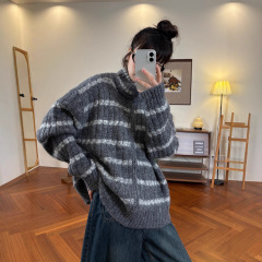 复古慵懒宽松条纹毛衣外套女2025秋冬新款百搭立领拉链针织开衫女
