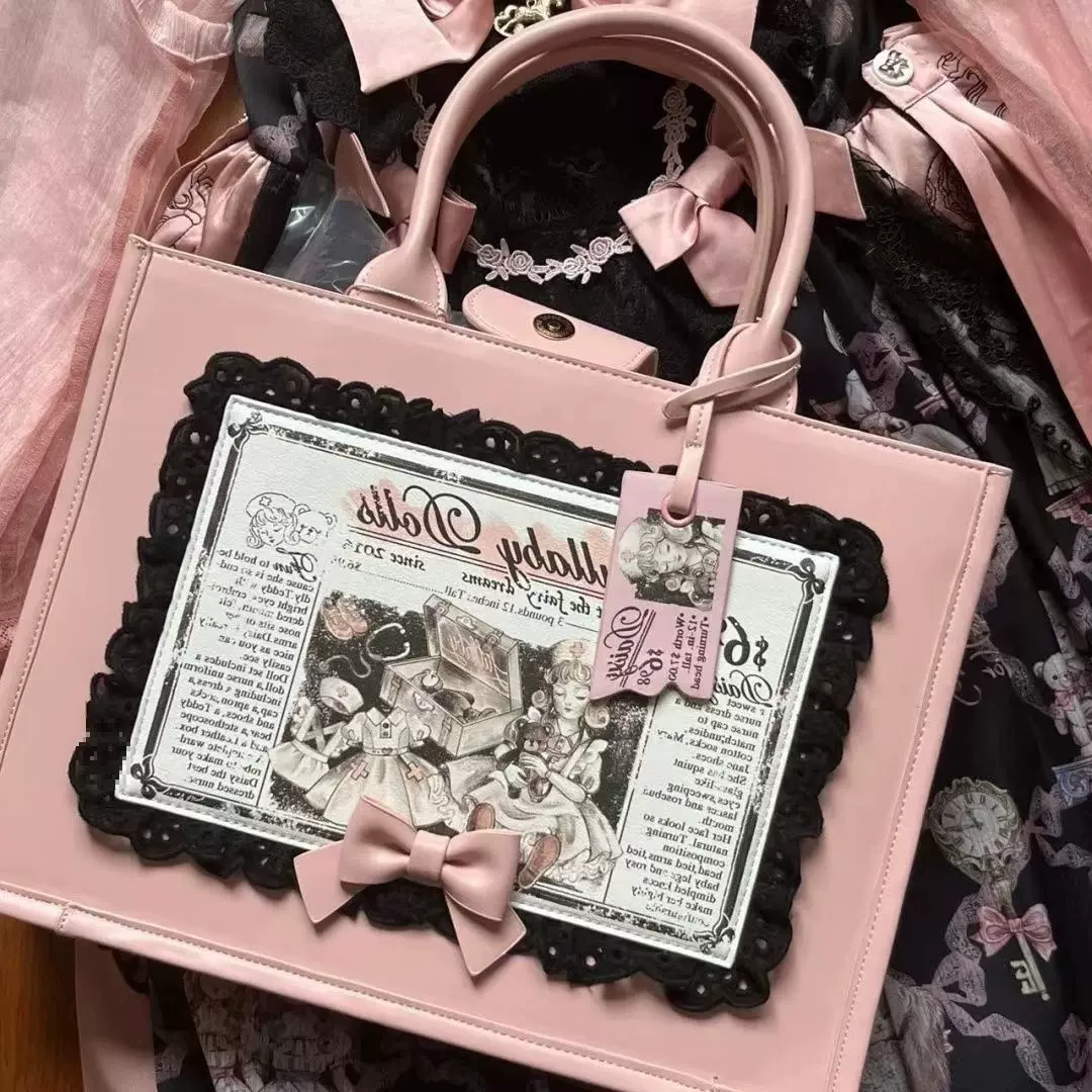 新品 高颜值原创LOL古董娃娃墙买菜包撞色复古女包大包包印花