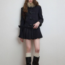 Luamos 混纺可拆卸毛领毛呢外套女秋冬加厚百褶下摆呢子大衣